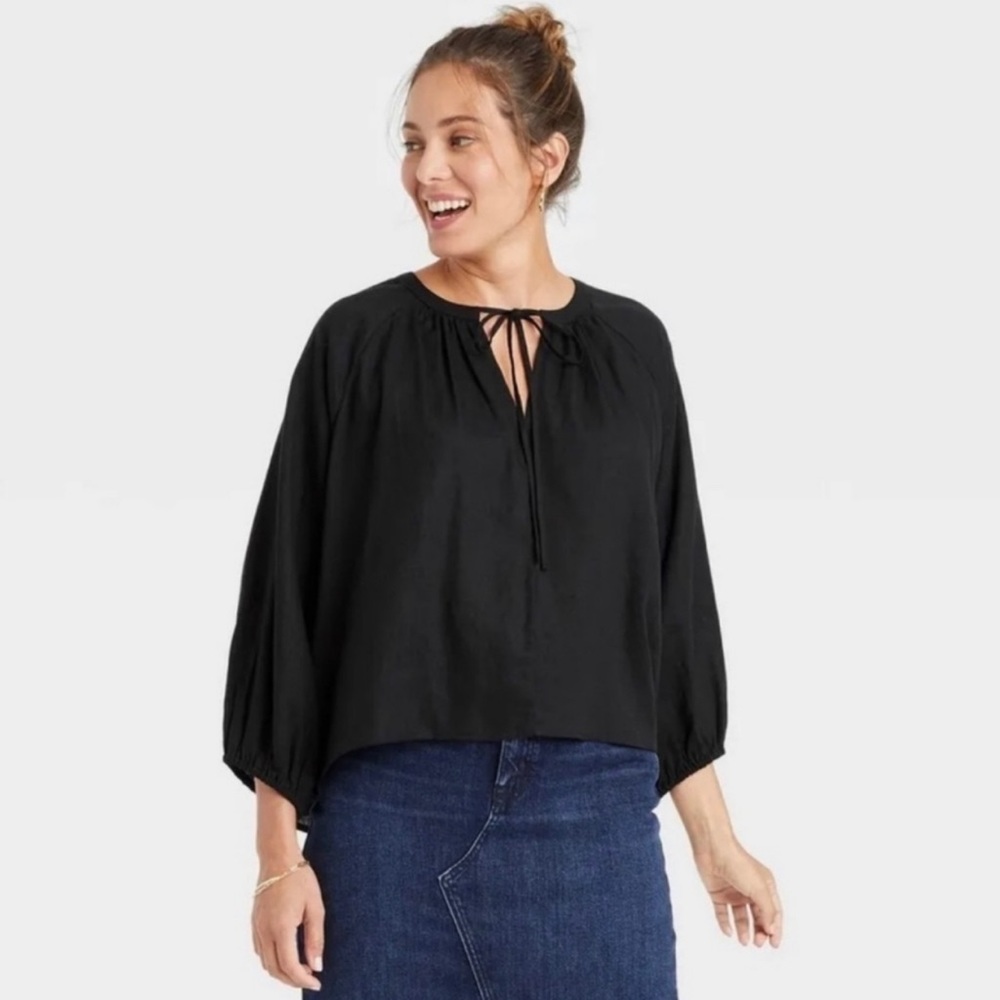 A New Day Black Peasant Style Long Sleeve Linen Mix Split Neckline Top M…